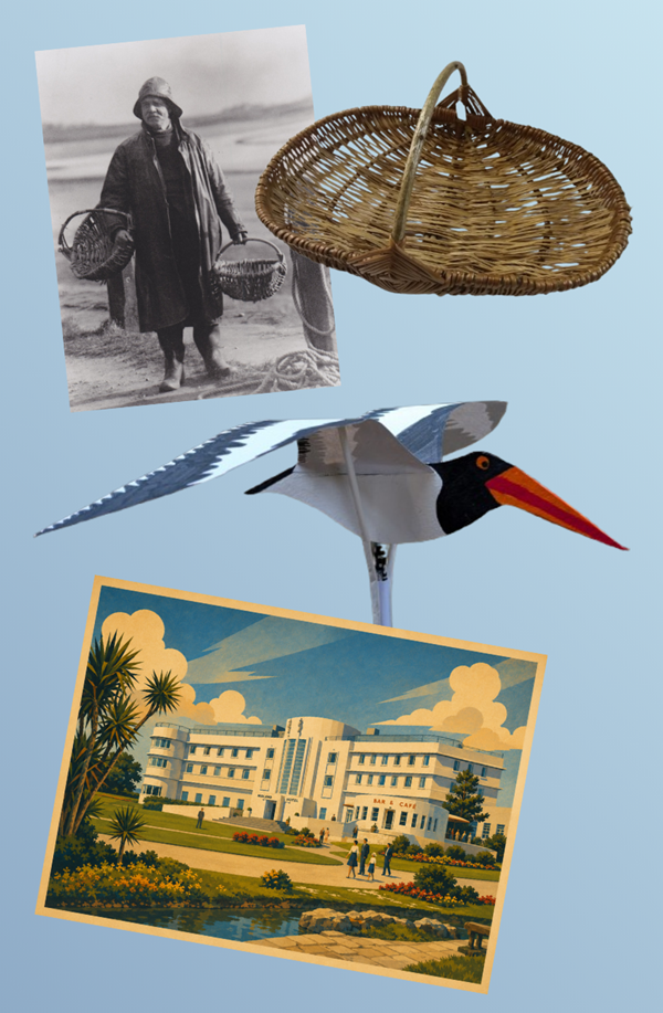 photo of fisherman holding two baskets, and close up photo of a similar basket, photo of paper oystercatcher, and vintage style image of the Midland Hotel, Morecambe. 